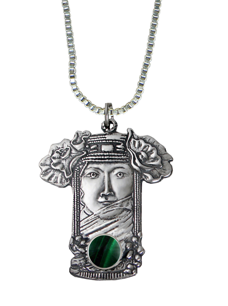 Sterling Silver Veiled Woman Maiden Pendant With Malachite